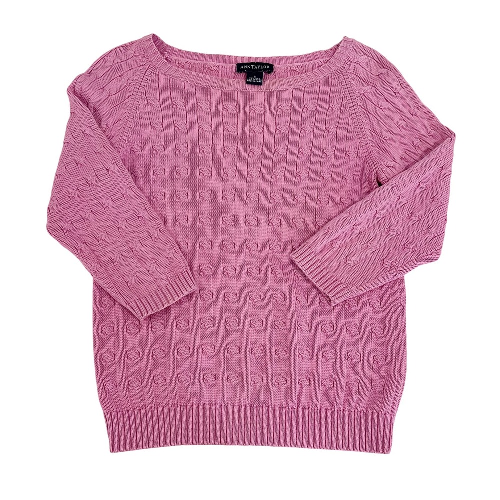 Vintage Ann Taylor Pink Silk Cable Knit Boat Neck 3/4 Sleeve Sweater Preppy Sz S